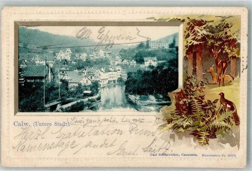 Calw 1901 Untere Stadt Rehbock Reh Rebhuhn Passepartout