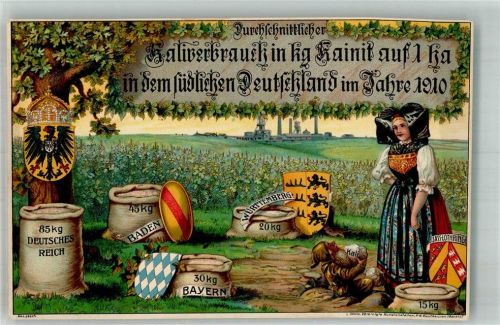 Kaliverbrauch im Jahr 1910 in Deutschland Tracht Wappen Düngerwerbung Lithographie