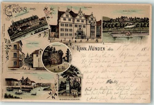 Hann. Münden 1898 Welfenschloß Rathaus Pension Tivoli Oberthor Bismarckdenkmal