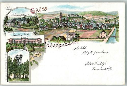 57271 W5912 Hilchenbach , Siegerland 1898 Lithographie Stift-Keppel Seminar Giller Turm