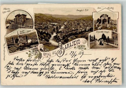 Sarajevo 1897 Türk. Friedhof Moschee Castall Scheriats Richter Schule Lithographie