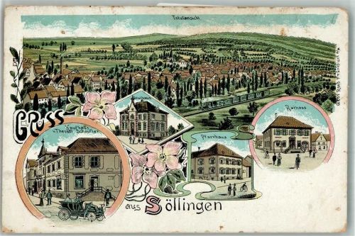 Söllingen Lithographie Kaufhaus Theodor Schaufler Schulhaus Pfarrhaus Rathaus Eisenbahn