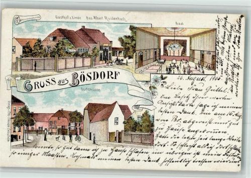 Bösdorf 1905 Lithographie Gasthaus zur Linde Saal Dorfstraße