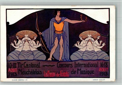 La Chaux-de-Fonds sign. Adrien Gogler Concours Intern. de Musique + Stempel Erotik Plakative Kunst 1913 BOAKC