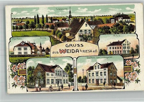 Weida Lithographie Pfarrhaus Kirche Gasthaus zum Lindengarten Schulhaus