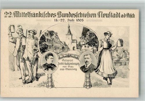 Neustadt 1908 Lithographie 22. Mittelfränkisches Bundesschiessen 1908 Schützen Stadttor Festwirt Jobst Kohlenberger und Frau