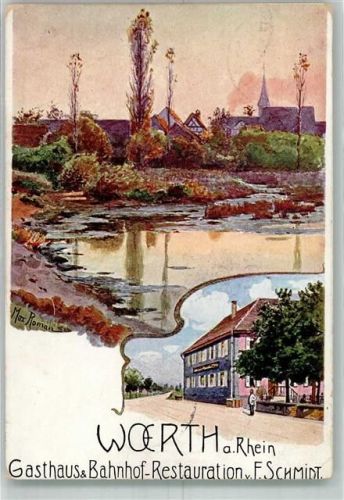 76744 W6729 Wörth a Rhein Lithographie / Künstlerkarte Gasthaus- Bahnhofs-Gasthaus Schmidt sign. M. Roman