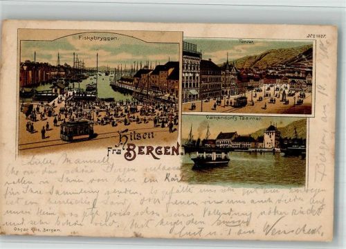 Bergen 1900 Hafen Straßenbahn Marktplatz Valkendorf Lithographie