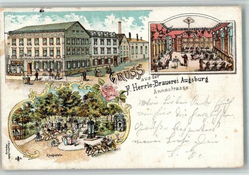 Augsburg 1903 Lithographie Brauerei Herrle Annastraße Gaststube Königsplatz