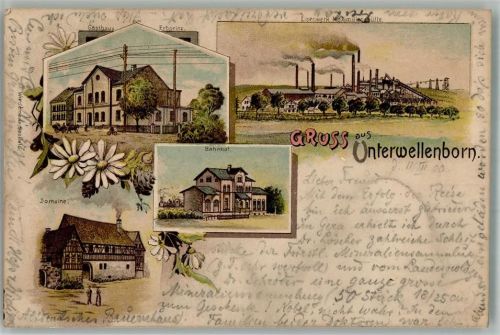 Unterwellenborn 1900 Lithographie Gasthaus Erbprinz Eisenwerk Maximilianshütte Bahnhof Domaine