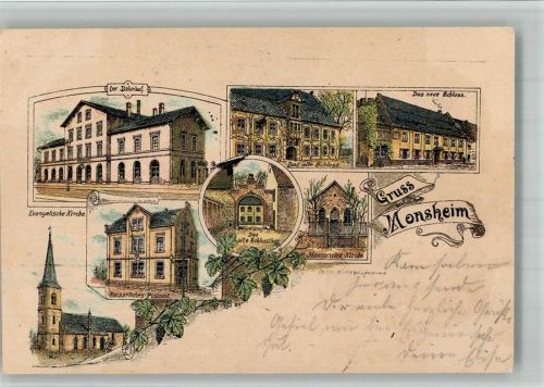 Monsheim 1897 Lithographie Bahnhof Das neue Schloss Ev. Kirche Kais. Postamt Mennoniten-Kirche