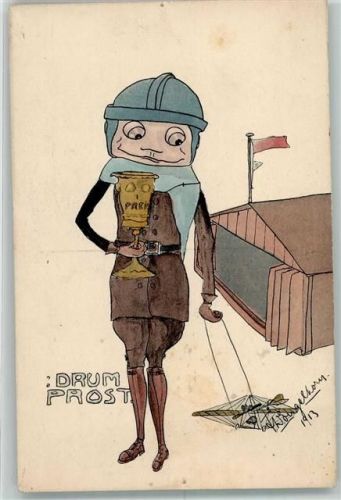 Verlegener Pilot mit Siegerpokal und kleinem Modellflugzeug hinter sich her ziehend Fliegerhumor 1913 Künstlerkarte