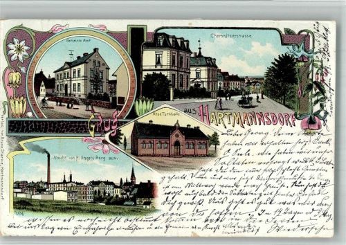 Hartmannsdorf 1903 Lithographie Gemeindeamt Chemnitzerstrasse Neue Turnhalle