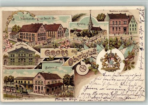 Ober Lustadt 1898 Lithographie Weinhandlung Ott Bahnhof Gemeindehaus Gasthaus zum Löwen Wappen