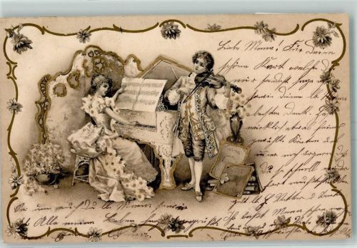 Mann und Frau beim Musizieren, AK von 1911mit Goldrändern, Goldauftrag hervorstehend