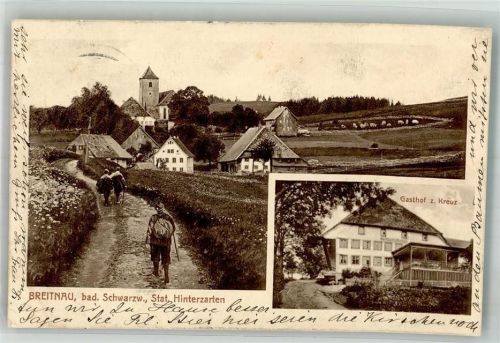 Breitnau 1911 Feldweg Blumenwiese Wanderer Gasthaus zum Kreuz