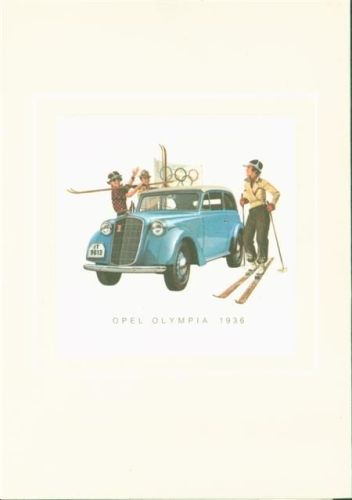 Rüsselsheim Opel Olympia 1936 Bild auf echter Seide gedruckt im Passepartout Rahmen Klappkarte