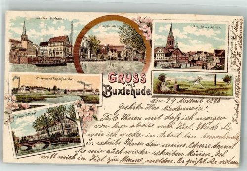 21614 W2150 Buxtehude 1898 Lithographie Menck's Fährhaus Hotel Peper Winter'sche Papierfabriken Am Marschtor