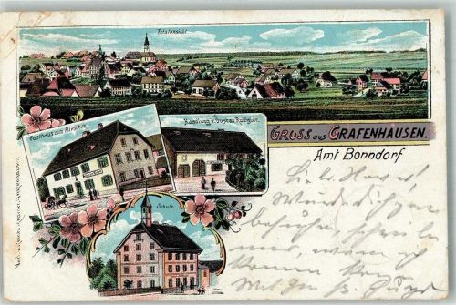 Grafenhausen 1907 Lithographie Gasthaus zum Hirschen Schule Handlung Rudigeier