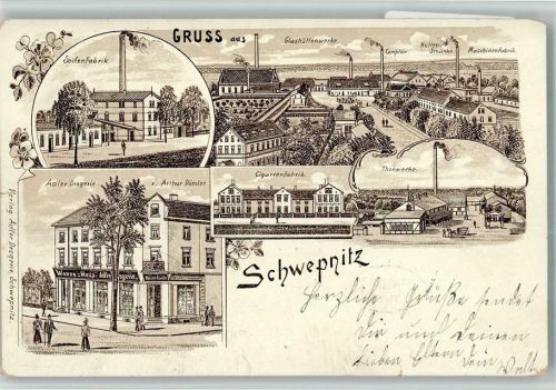 Schwepnitz 1903 Seifenfabrik Adler Drogerie Arthur Dümler Zigarrenfabrik Tonwerke Glashüttenwerke Hüttenschänke Maschinenfabrik Lithographie