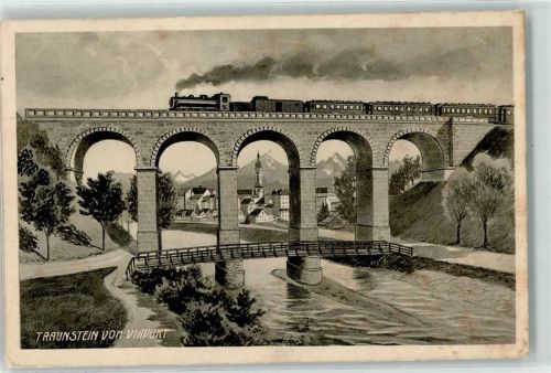 Traunstein 1900 Landpost Mülhausen Eisenbahnviadukt Dampfpersonenzug