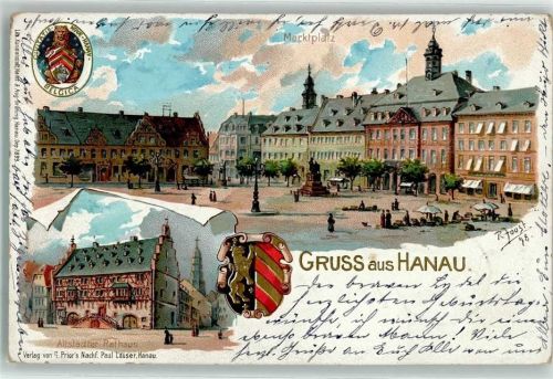 Hanau 1900 Marktplatz Marktszene Wappen Altstädter Rathaus Bär Löwe Gold Rot Schwarz