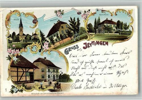 68130 Jettingen 1904 BOAKC Lithographie Gasthaus zur Sonne Kirche Herz Jesu-Kirche
