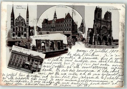 51100 Reims 1900 Lithographie Eglise Saint Remy Hotel de Ville la Cathedrale Port des Romains Statue de Louis XI: