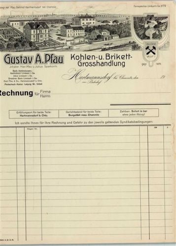 Hartmannsdorf Rechnung Gustav A. Pfau Kohlen und Brikett