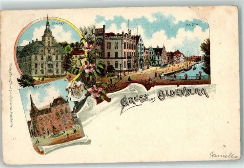 Oldenburg 1901 Lithographie Bahnpost Bremen Wilhelmshaven Zug 1 17.8.01 Schloss Rathaus am Stau Wappen
