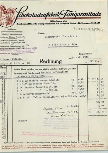 Tangermünde Rechnung von 1928 Schokoladenfabrik Tangermünde