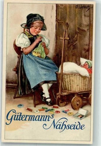 Gütermanns Nähseide Mädchen Puppe Puppenwagen sign.B.Liebich Werbung Mode Künstlerkarte