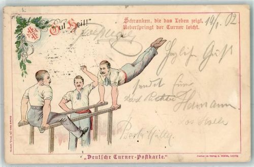 Gut Heil , Turner am Gerät AK Rückseite : Stempel Hermann Wächter Turnlehrer
