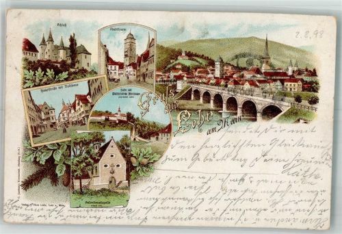 Lohr 1898 Mainbrücke Valentinuskapelle Hauptstrasse Rathaus Schloss Stadtturm