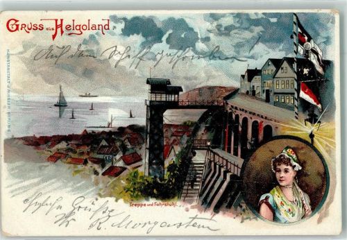 Helgoland 1898 Treppe und Fahrstuhl Helgoländer Tracht Fahnen