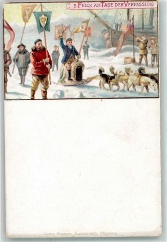 5. Feier am Tage der Verfassung Hundeschlitten Expedition Lithographie