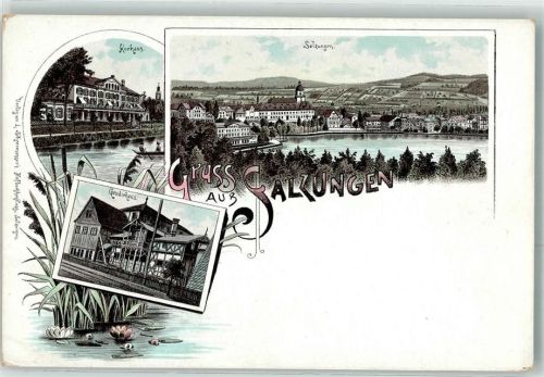 36433 O6200 Bad Salzungen Lithographie Kurhaus Gradirhaus Schilf Seerose Gruss
