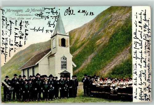 Soettersdalen Tveit Kirke med Almue Kirche Mann Frau Tracht Trachten Norwegen 1903
