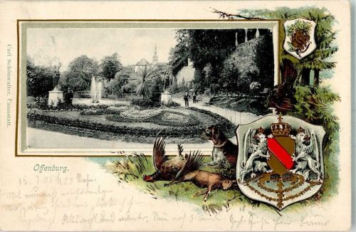 Offenburg 1905 Stadtgarten Fasan Hase Jagdhund Wappen