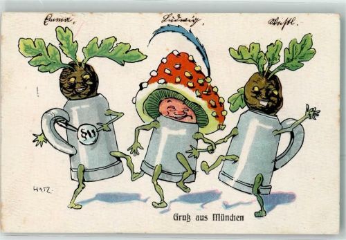 München 1913 Fliegenpilz Rübe vermenschlicht Bierkrug sign.Hatz B.K.W:I. Nr.542-3
