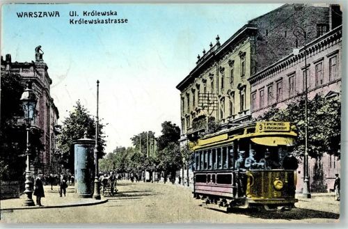Warschau Warszawa 1916 - Krolewskastraße Litfaßsäule Straßenbahn