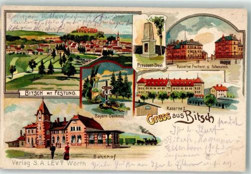57230 Bitche 1908 Lithographie Preussen Stein Kaserne Freiherr v. Falkenstein Bayern Denkmal Bahnhof