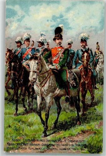 König Ludwig II zu Pferd als Kommandeur des 4. Chevauxleger-Regiment mit seinem Generalstab 1870