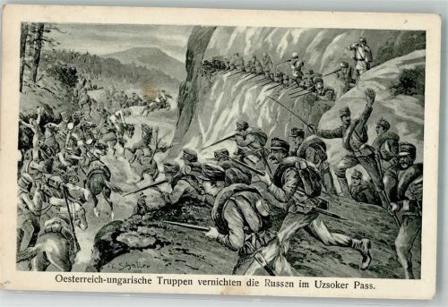 1915 WK I Österreich-ungarische Truppen vernichten die Russen im Uzsoker Pass , sign. C. Schaller