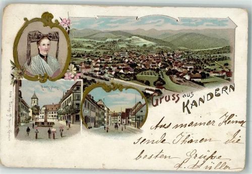 Kandern 1900 Lithographie Marktplatz Tracht