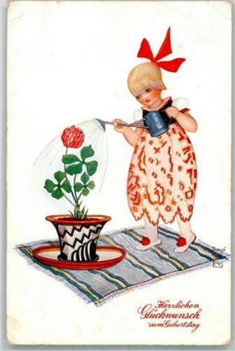 1935 Geburtstag Mädchen im roten Kleid gießt eine rote Blume Nr. 03400