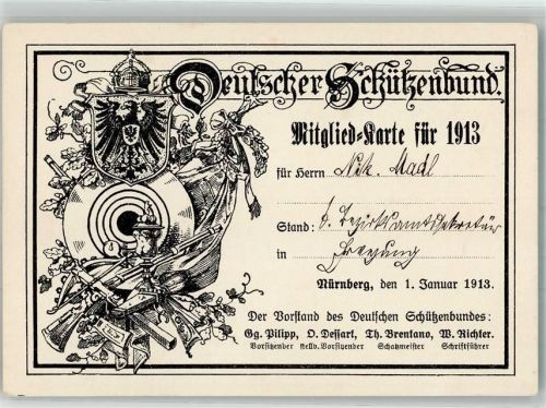 Nürnberg Deutscher Schützenbund Mitgliedskarte 1913