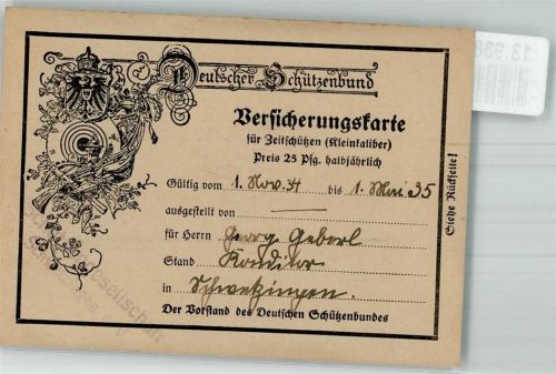 Ephemera Schützenbund 1935 Versicherungskarte für Zeitschützen Schützenverein KEINE AK
