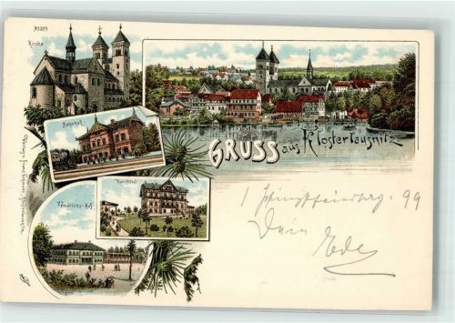 Bad Klosterlausnitz 1899 Hotel Friedrichs Hof Bahnhof Klosterkirche Lithographie beschnitten