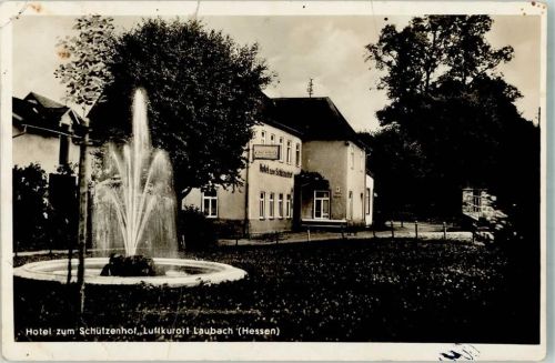 35321 W6312 Laubach , Hess Gebrauchsspuren Hotel zum Schützenhof Vorgarten Springbrunnen